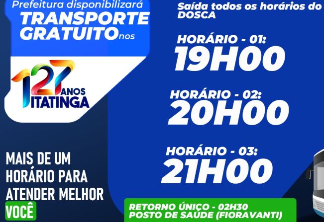 127 ANOS DE ITATINGA COM TRANSPORTE GRATUITO! 